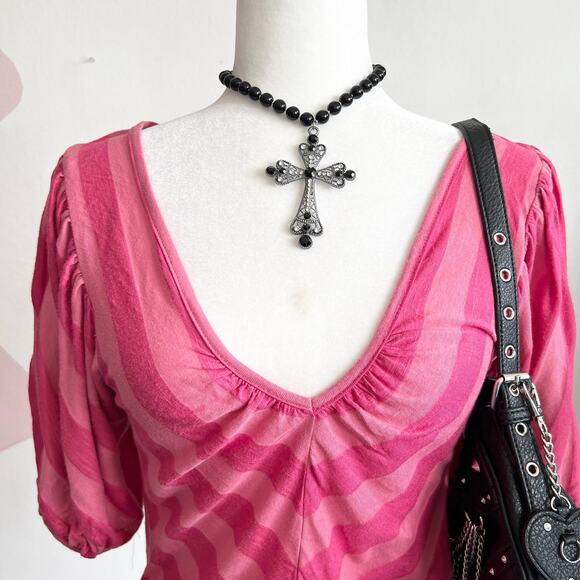 Pink Striped Y2K Top, Barbiecore, Coquette, 2000s, Bimbo, Retro, Small, Girly - Picture 2 of 7